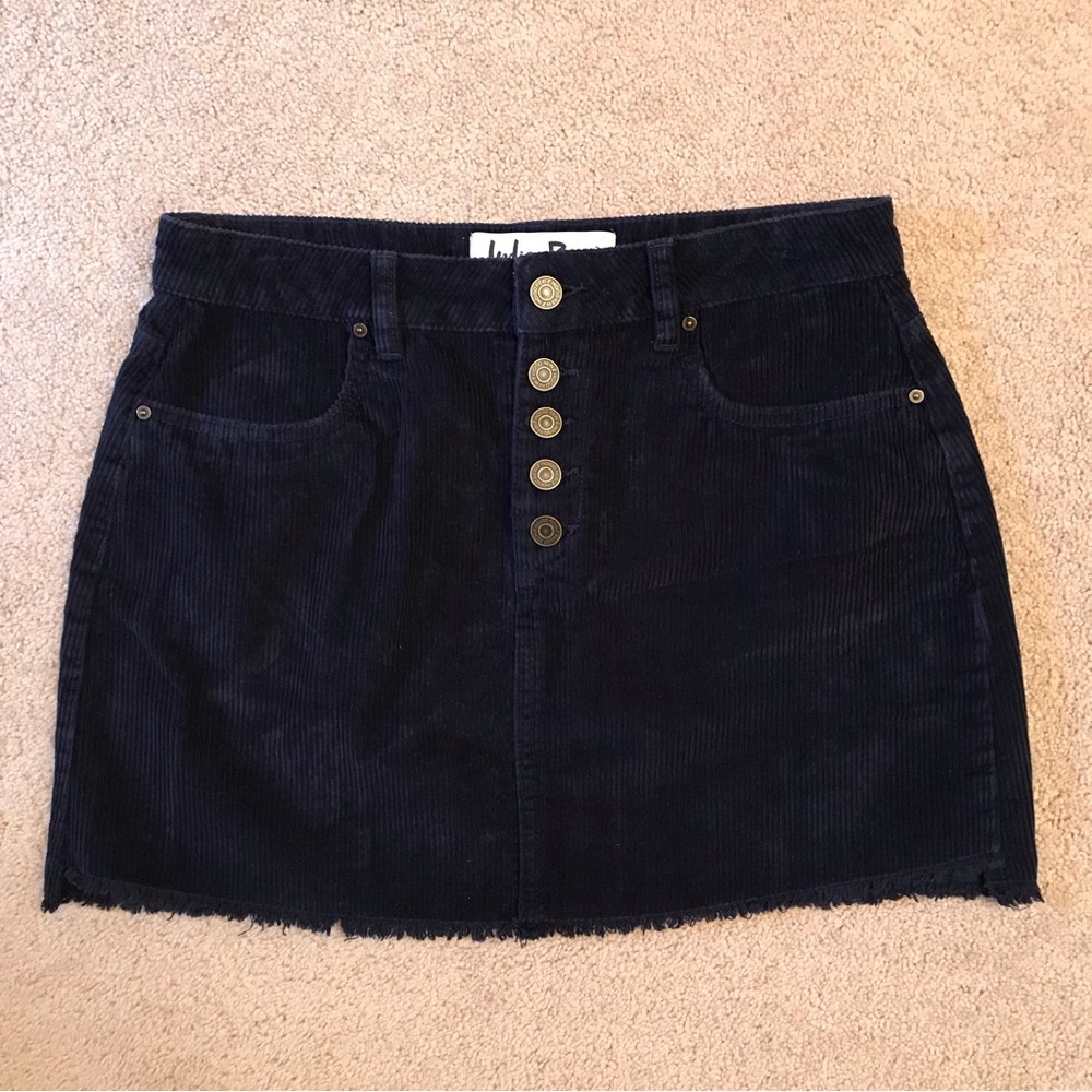 Indigo Rein Dark Blue Corduroy Mini Skirt Size 7 Button Fly Frayed Hem Festival